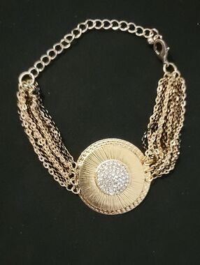Gold Multi-Chain Sunburst Disc Bracelet with Crystal Center